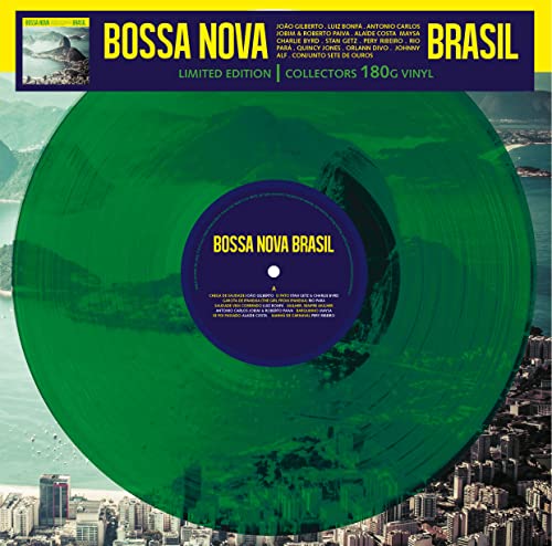 Transparent green vinyl record of "Bossa Nova Brasil" with album artwork backdrop.