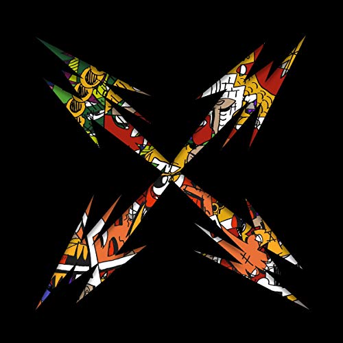 Black background with a colorful, fragmented "X" design featuring faces.