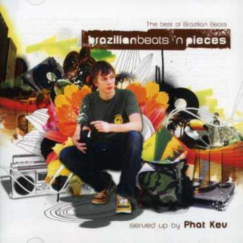 "Album cover with a man crouching, surrounded by flowers, records, and abstract shapes."
