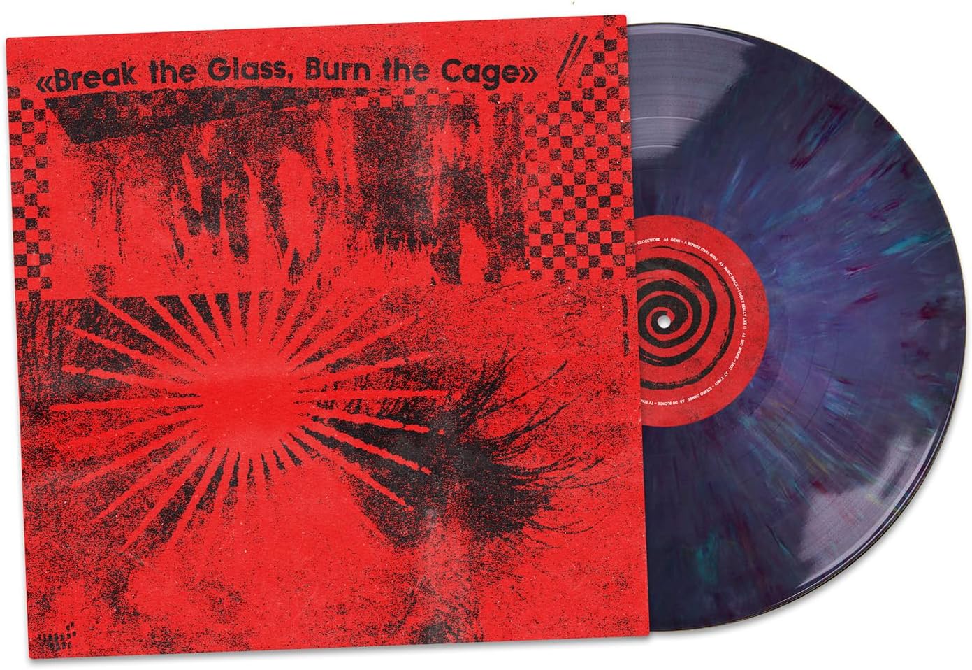 Red vinyl record with abstract cover art and a central black silhouette.