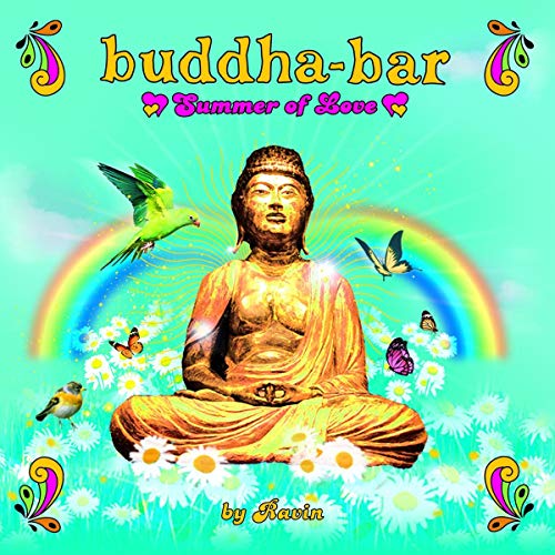 Buddha statue with rainbow, birds, and flowers on a teal background.
