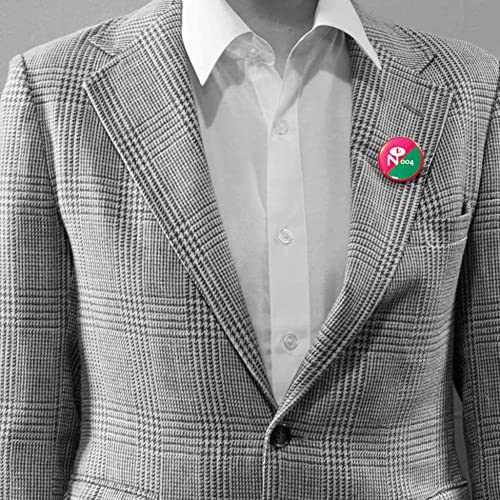Person wearing a plaid jacket with a colorful pin on the lapel.