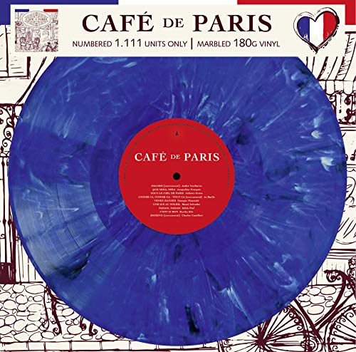 Blue marbled vinyl record with “Cafe De Paris” label and red heart design.