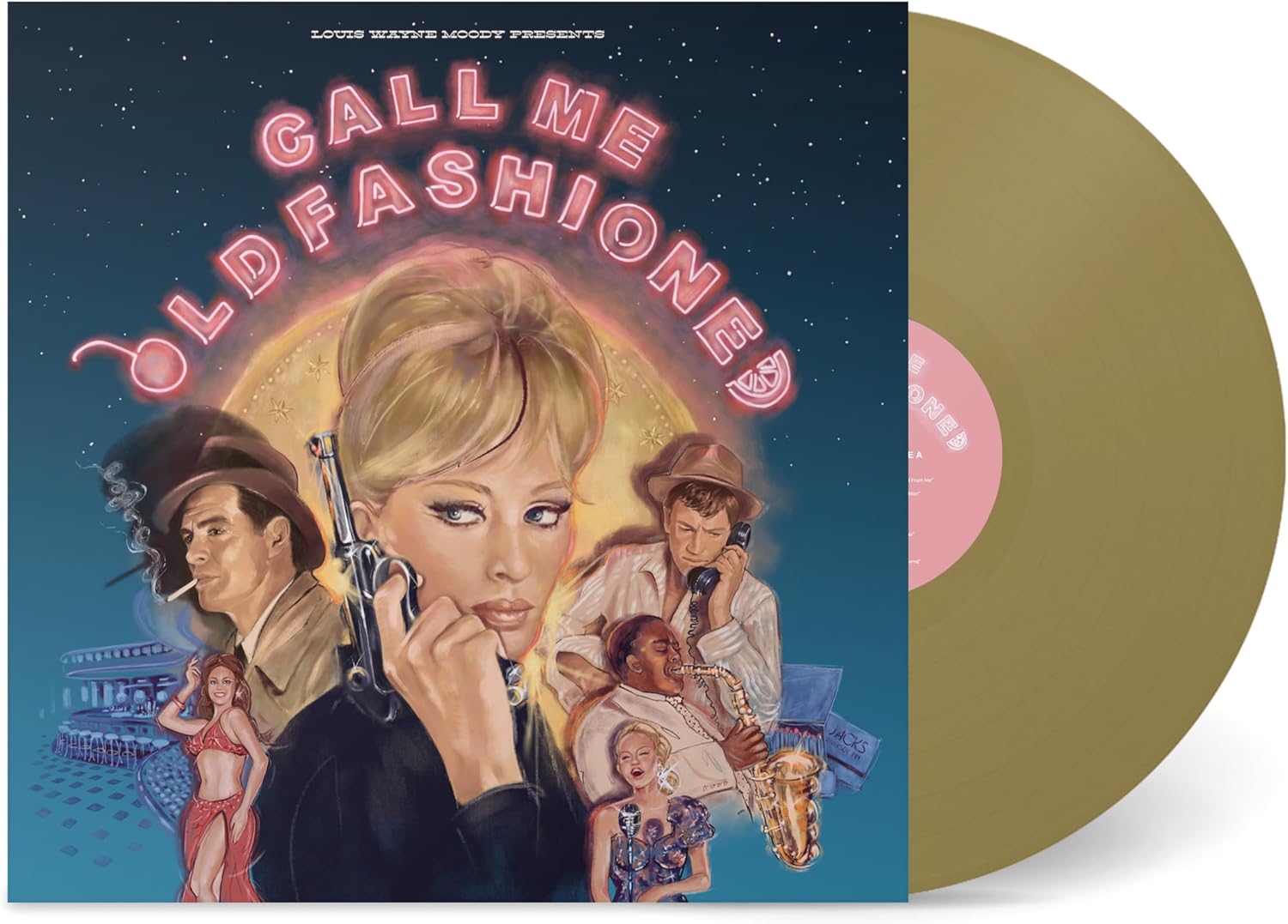 Album cover featuring retro illustrations of people with a gold vinyl record beside it.