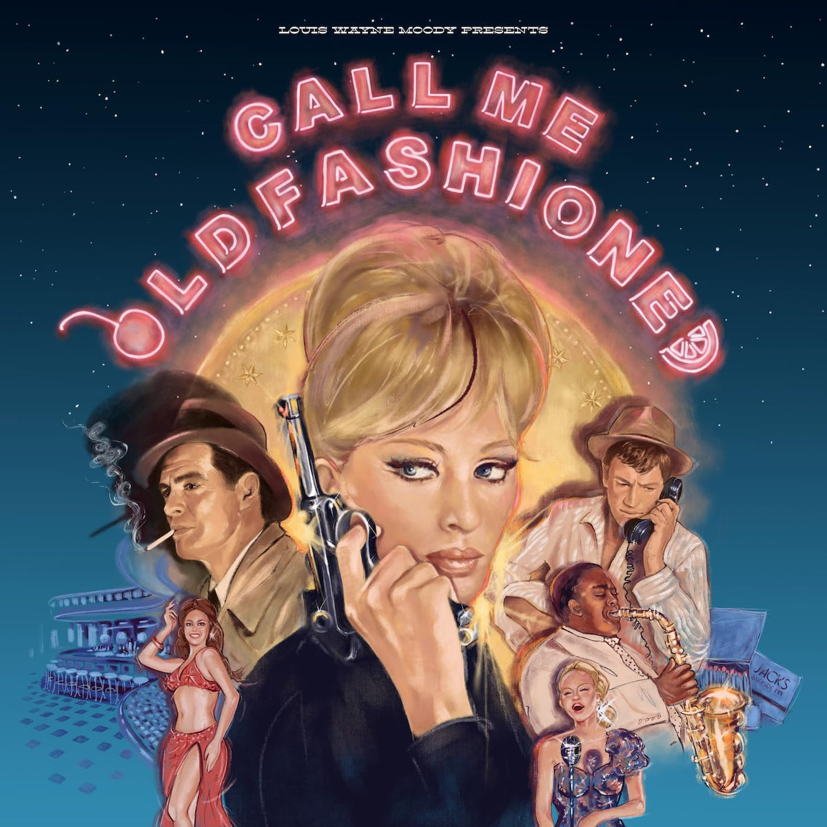 Record cover featuring a painted illustration of people and a vintage car.