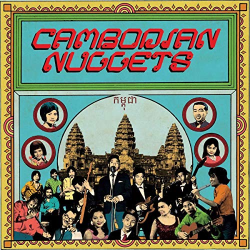 Album cover for “Cambodian Nuggets” featuring musicians and Angkor Wat.