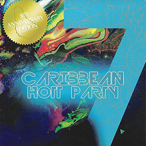 "CD cover with 'Caribbean Hott Party' text, abstract shapes, and 50th Anniversary gold seal."