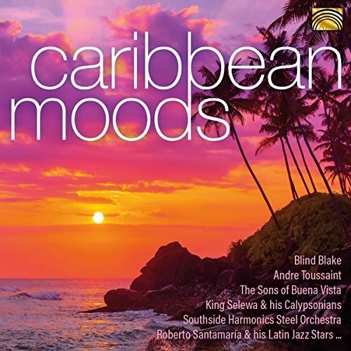 "Album cover with tropical beach scene at sunset, featuring 'Caribbean Moods' title and artist names."
