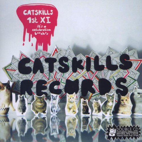 CD cover with red text, cat silhouettes, and a geometric background.