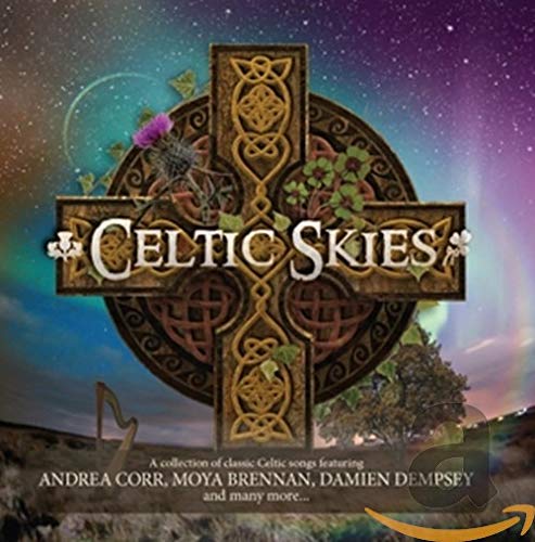 CD cover featuring a Celtic cross, text Celtic Skies, and a starry night background.