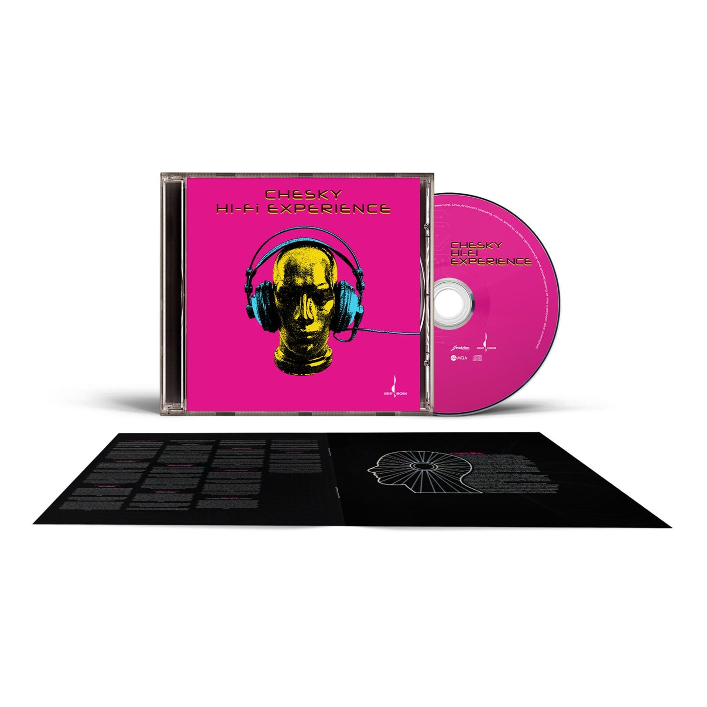 Chesky Hi-Fi Experience CD case, disc, and open booklet with a yellow mannequin head.