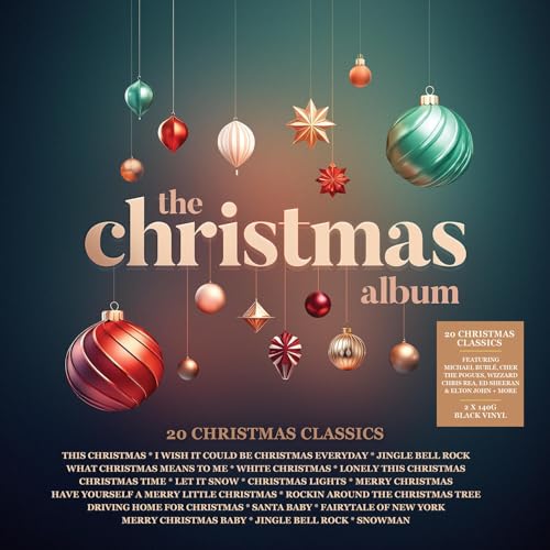 Christmas album cover with ornaments and festive text, featuring various artists.
