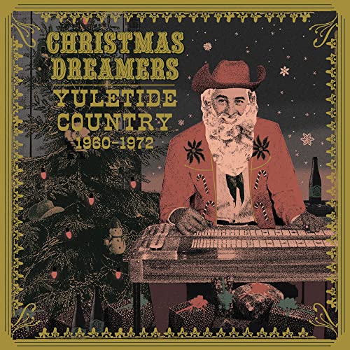 Vinyl cover art featuring a Santa-bearded man playing a pedal steel guitar by Christmas tree.