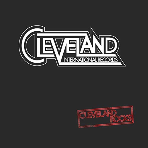 Black background with white “Cleveland International Records” logo and red “Cleveland Rocks” stamp.