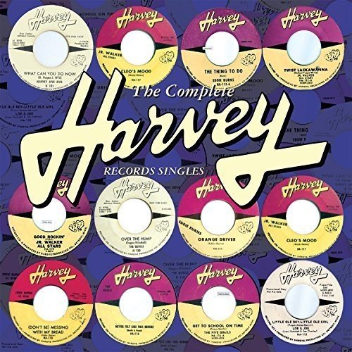 "CD cover with 12 vinyl records and 'Harvey Records Singles' text on blue background."