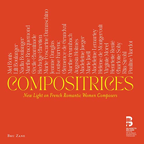 Red album cover listing names of French Romantic women composers, "Compositrices" title.