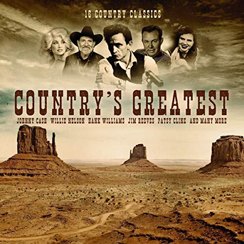 Country's Greatest" vinyl album cover featuring classic country artists and desert landscape.