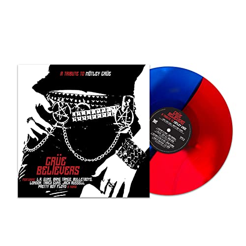 Crue Believers" tribute album cover and red/blue split-colored vinyl record.
