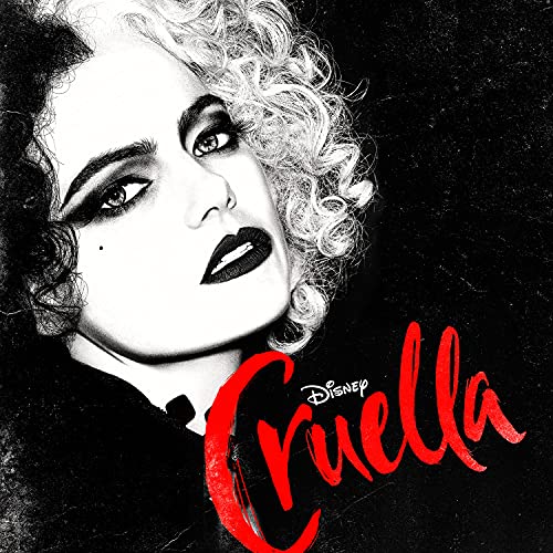 Close-up of Emma Stone as Cruella with dramatic makeup and red title.