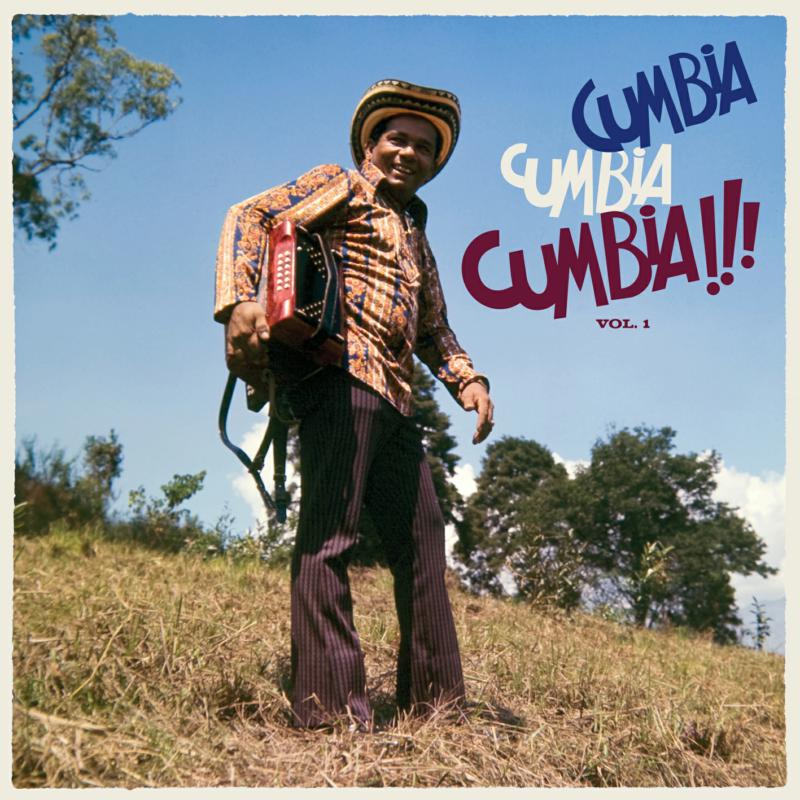 Vinyl record of a compilation album, “Cumbia Cumbia Cumbia!!! Vol 1,” with colorful label.