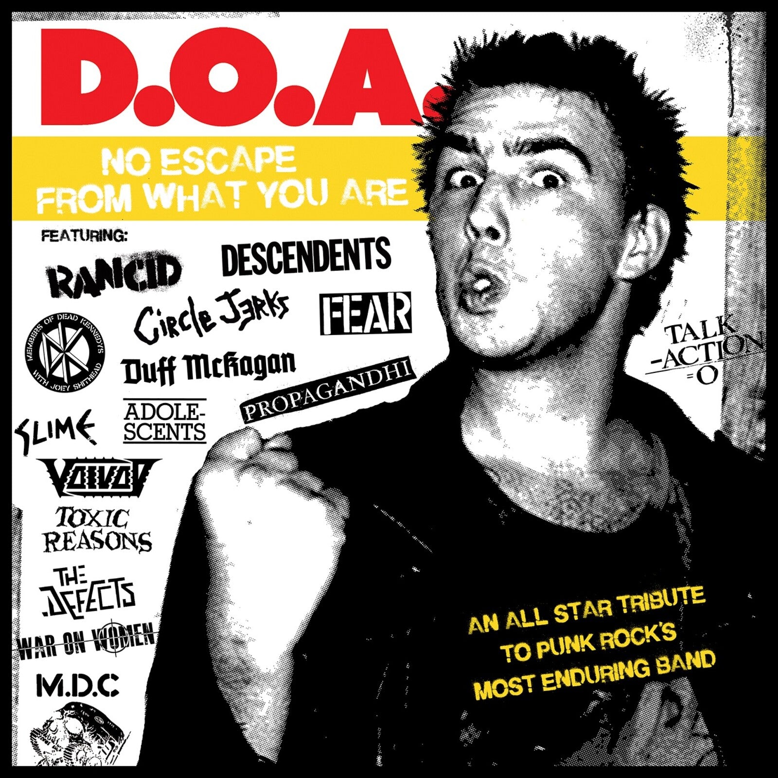 Black and white album cover featuring a distressed portrait and band names.