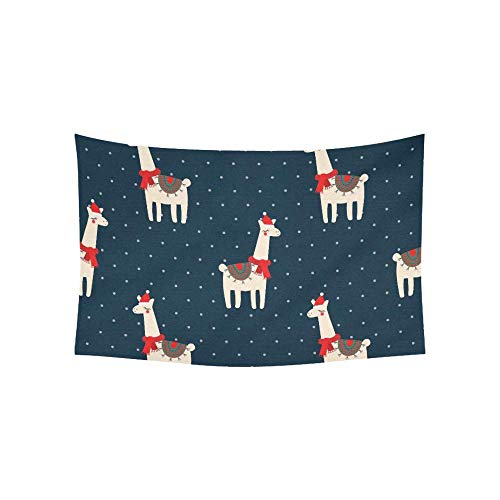 Dark blue tapestry with repeating pattern of llamas in saddles.