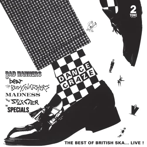 Black and white graphic showing a person wearing checkered socks and loafers with band names.