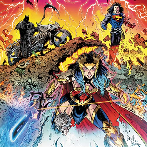 CD cover art featuring Batman, Wonder Woman, and Superman in a fiery landscape.
