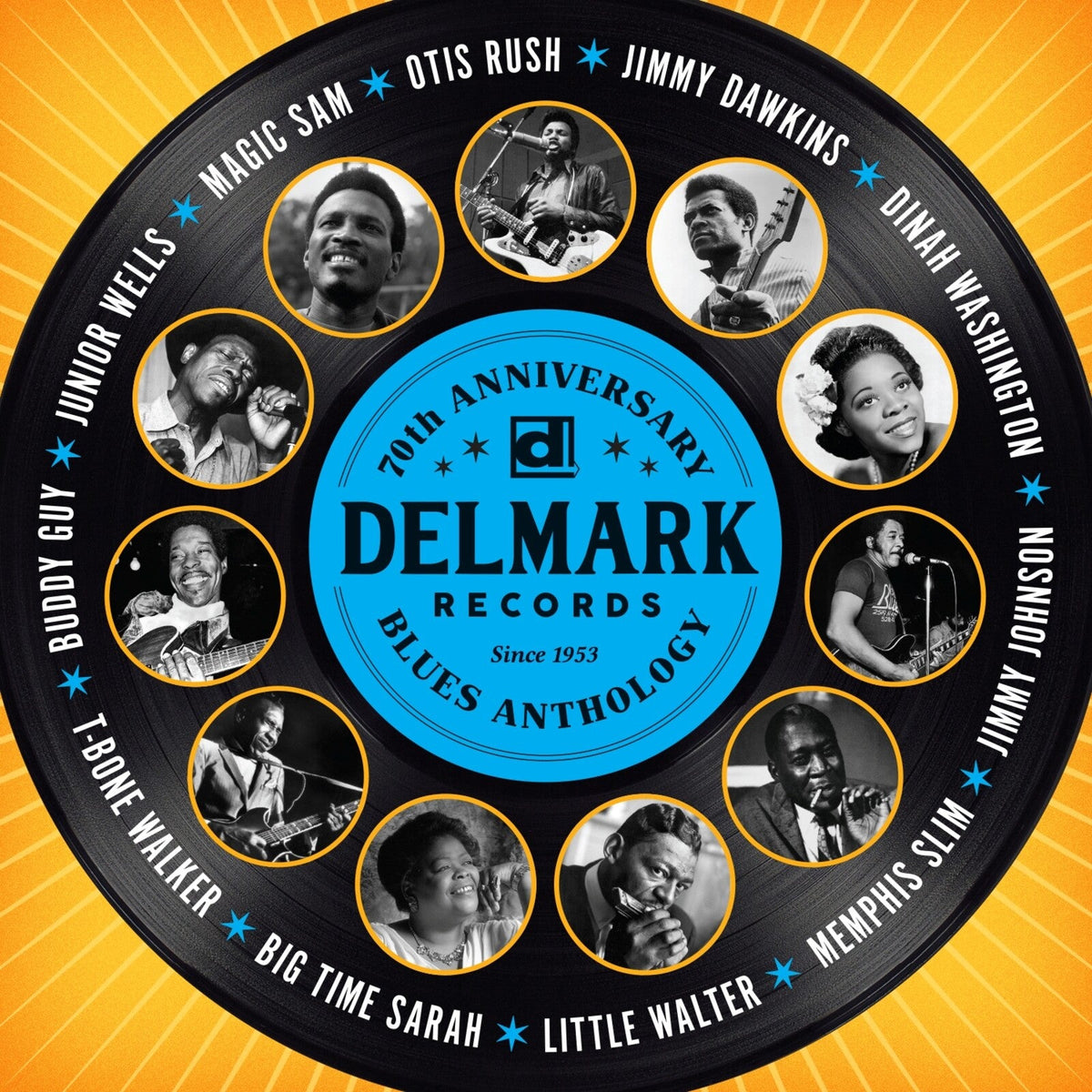 Delmark Records 70th Anniversary vinyl album cover featuring blues musicians.
