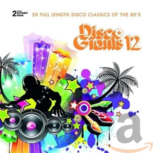 CD cover for Disco Giants Vol. 12 featuring a DJ silhouette, palm trees, and stars.
