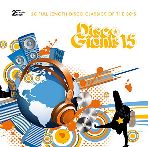 Album cover for Disco Giants Vol. 15 featuring a globe, headphones, and abstract graphics.