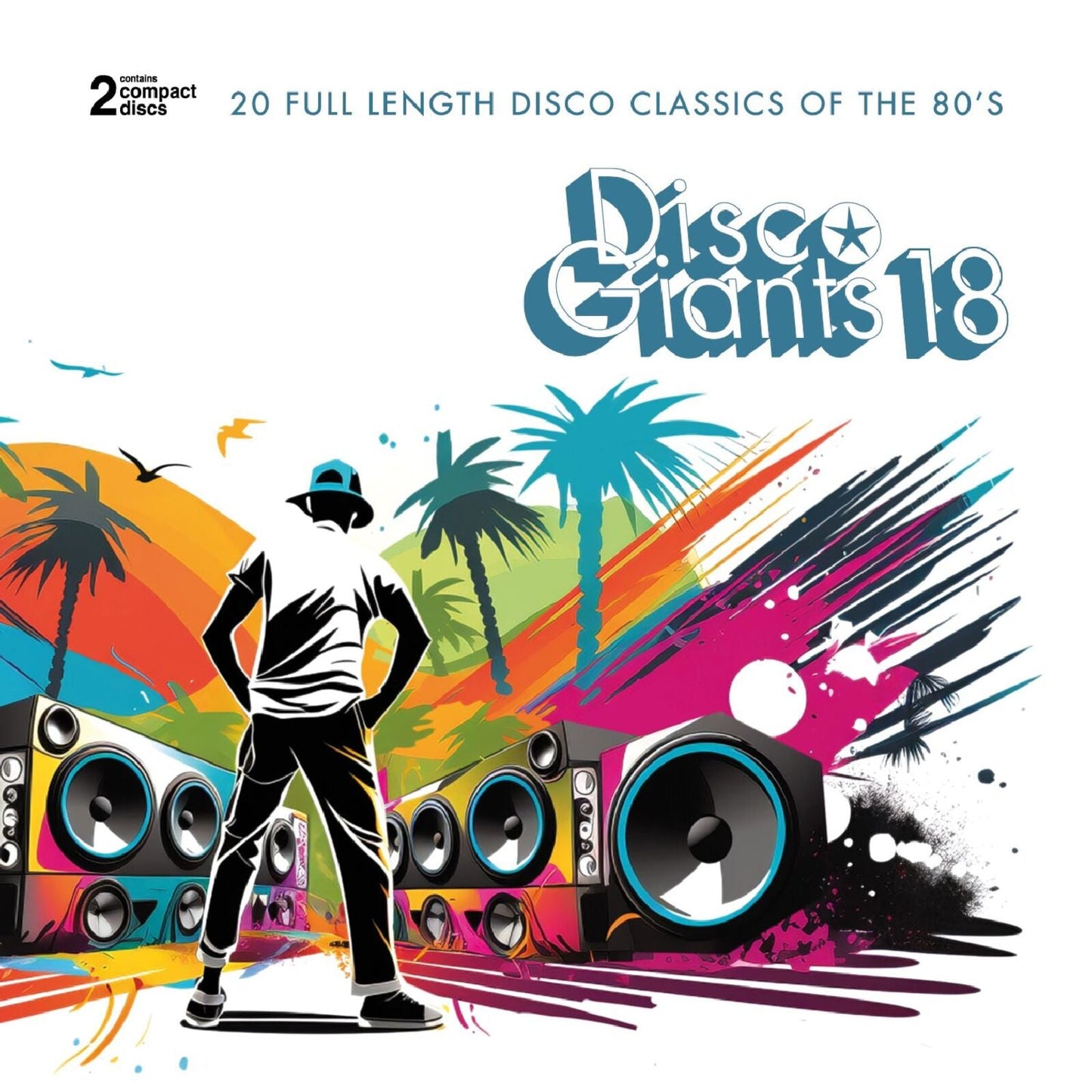 CD cover with a silhouetted man, large speakers, palm trees, and colorful paint splashes.