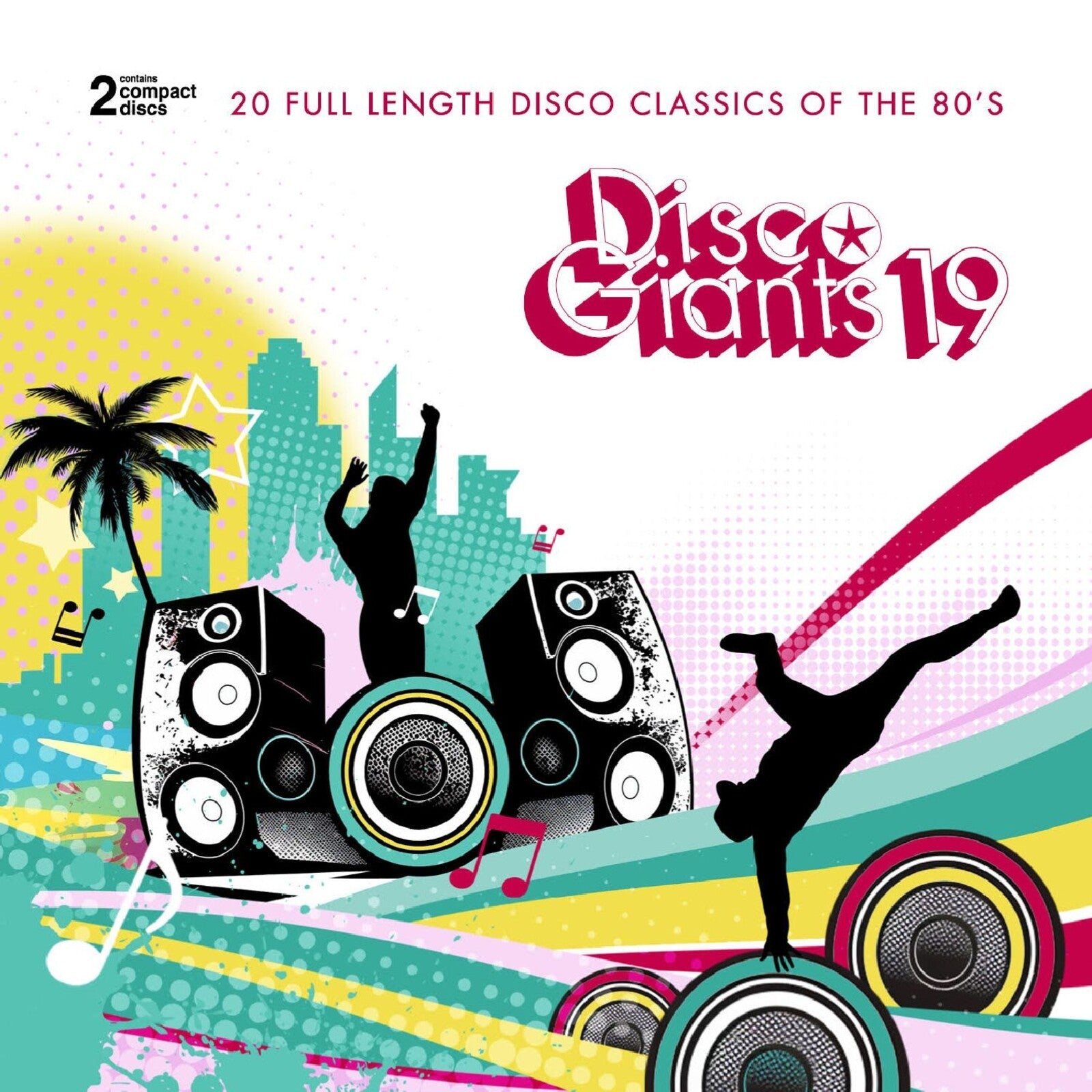 Album cover for Disco Giants Vol 19 featuring silhouettes of dancers and large speakers.