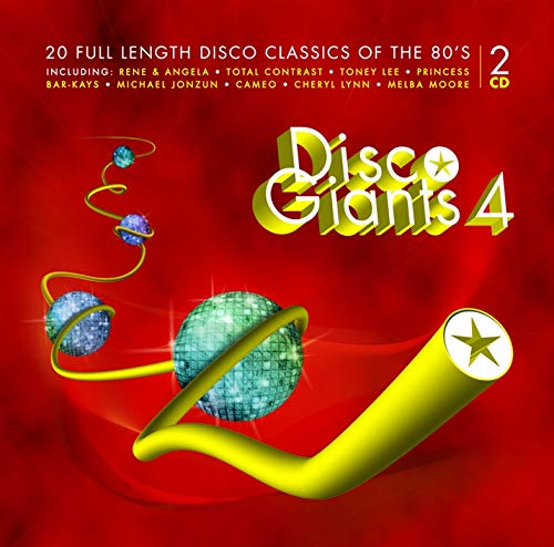 CD cover for “Disco Giants, Vol. 4” with disco balls and yellow shapes.
