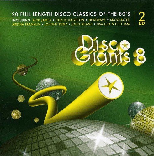 "Disco Giants 8 CD cover featuring disco balls and a green background."