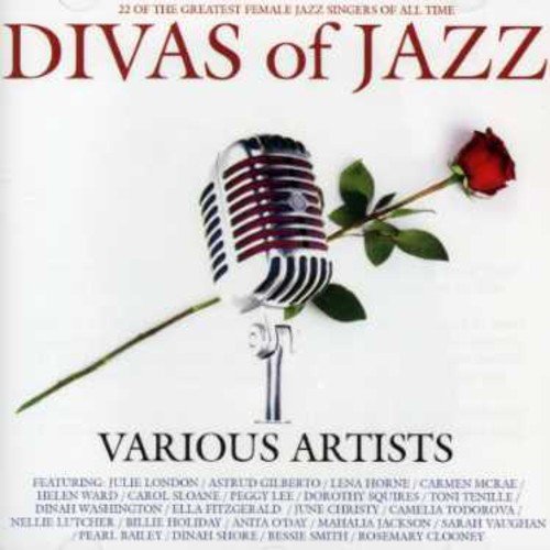 CD cover for “Divas Of Jazz” featuring a vintage microphone and red rose.