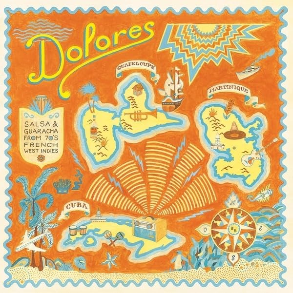 Orange vinyl record cover with illustrated map of Caribbean islands and musical instruments.