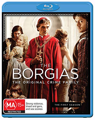 Blu-ray cover for "The Borgias" featuring historical figures in costume.