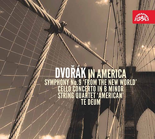 Sepia-toned image of Brooklyn Bridge cables with overlaid text reading Dvorak In America.