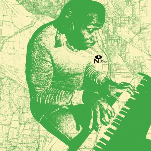 Green-tinted illustration of a man playing piano over a faded map background.