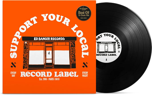 Bright orange vinyl record cover with store illustration and black vinyl disc beside it.