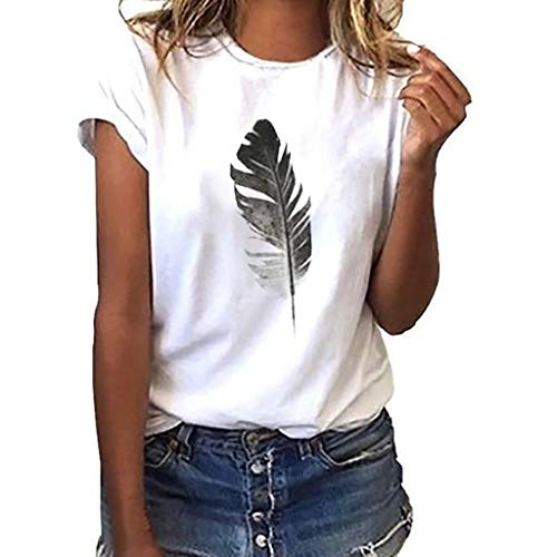 Woman wearing a white t-shirt with a black feather design.