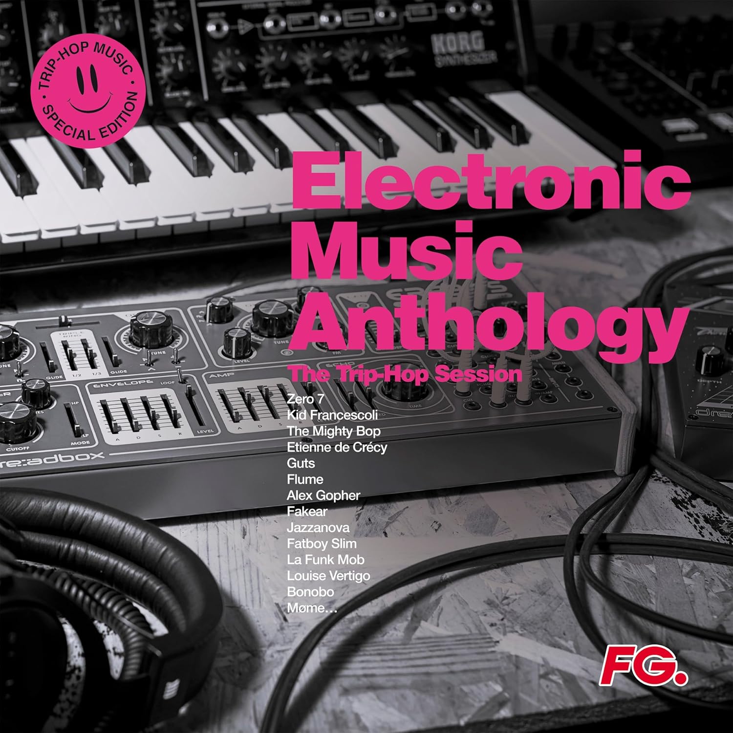 Album cover for “Electronic Music Anthology” vinyl, featuring DJ equipment.