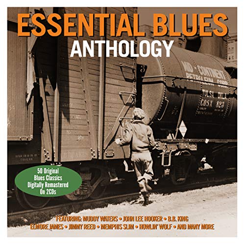 CD cover for "Essential Blues Anthology" featuring a vintage train image.