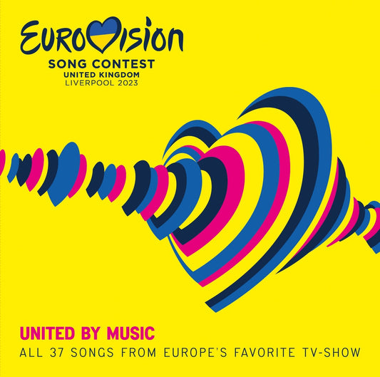 Eurovision 2023 CD cover: yellow background with colorful heart-shaped sound waves.