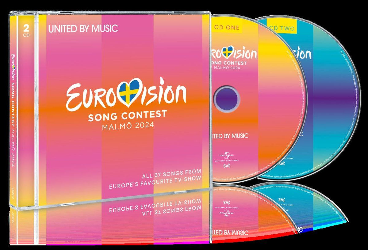Eurovision Song Contest Malmö 2024 two-disc CD set in a pink and orange case.