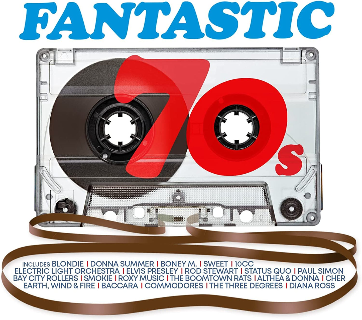 Clear cassette tape with a red 70s graphic and artist list on white background.