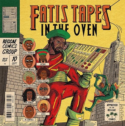 Comic book-style album cover featuring a man with a mixing board and portraits.