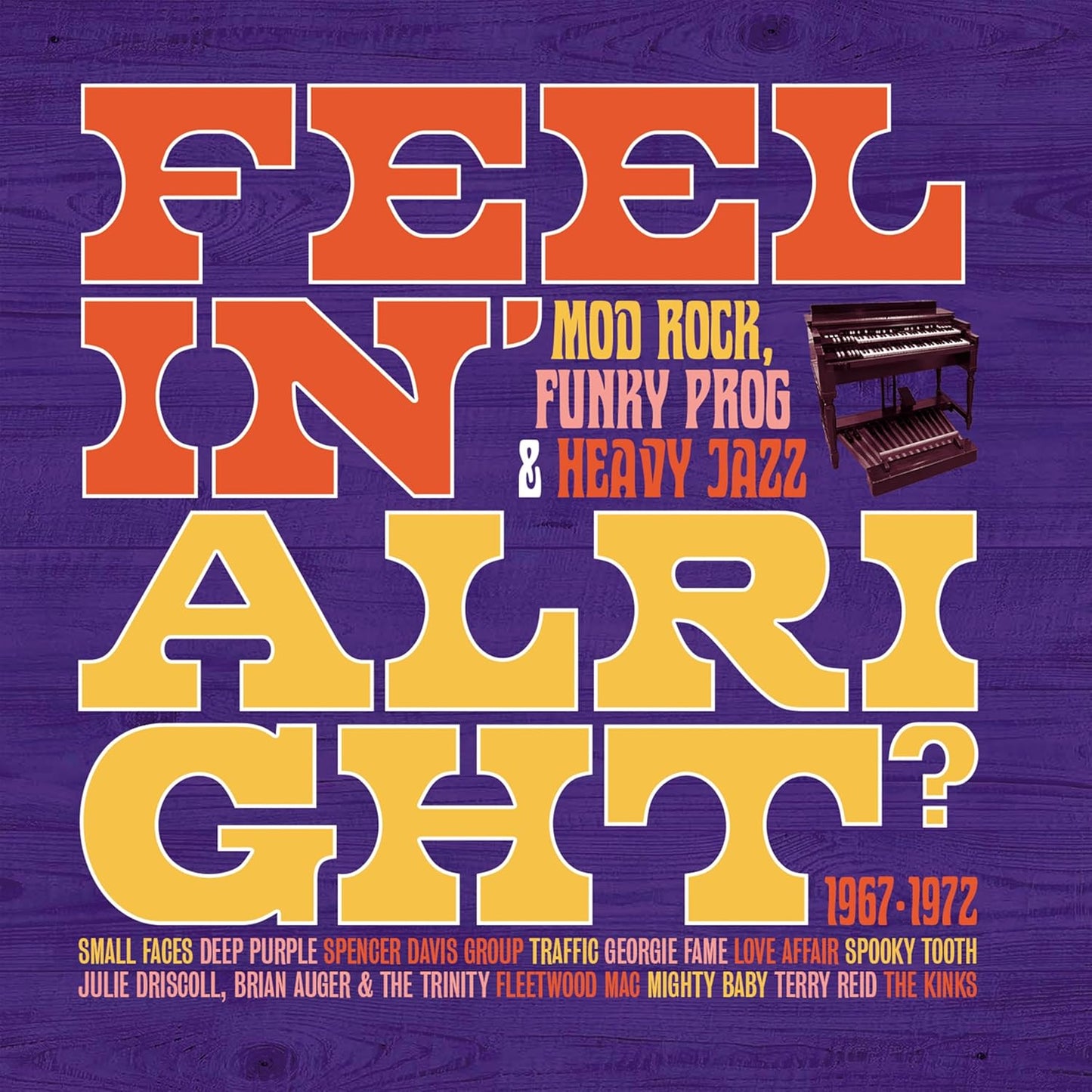 CD cover for “Feelin’ Alright – Mod Rock F,” featuring retro typography and a keyboard.