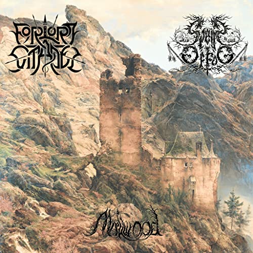 Painting of a crumbling stone castle set against a mountainous landscape.